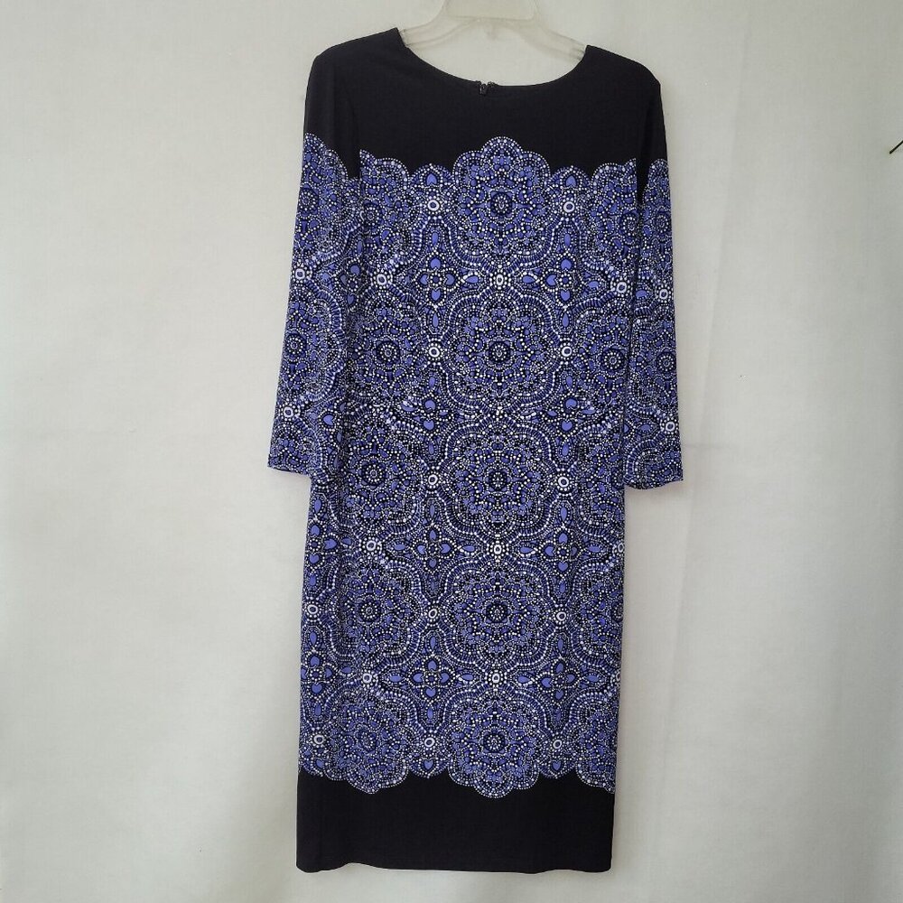 White House Black Market‎ Dress Womens 10 Black Blue Print Scuba Knit 3/4 Sleeve